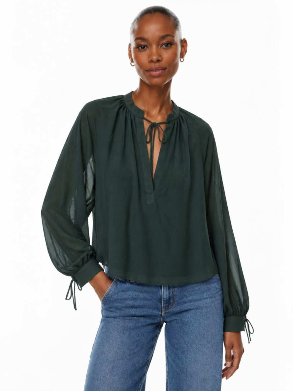 Aritzia Babaton V Neck Blouse Dark Green Tie Neck Long Sleeve Size M NWOT